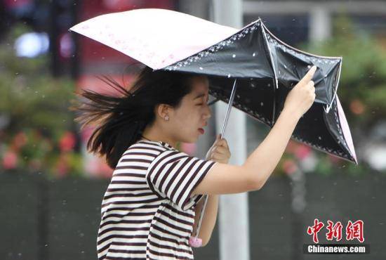 资料图：市民的雨伞被大风掀翻。张瑶 摄