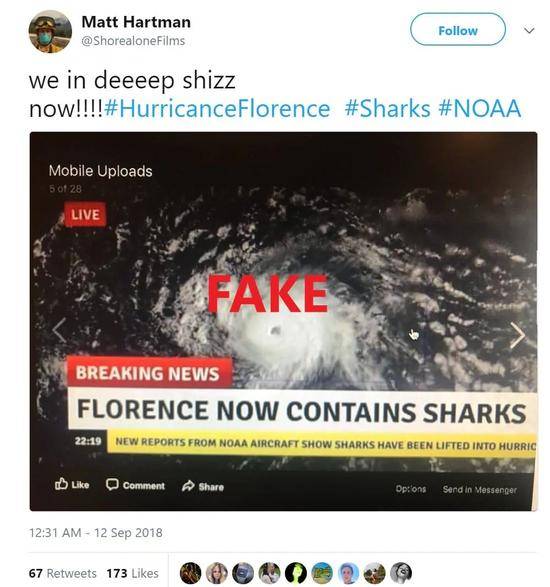 推特上虚假的“佛罗伦斯”飓风气象图（图片来源：推特）