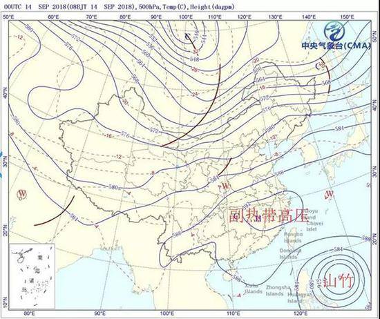 2018年9月14日14时500hPa高度场 中央气象台 图