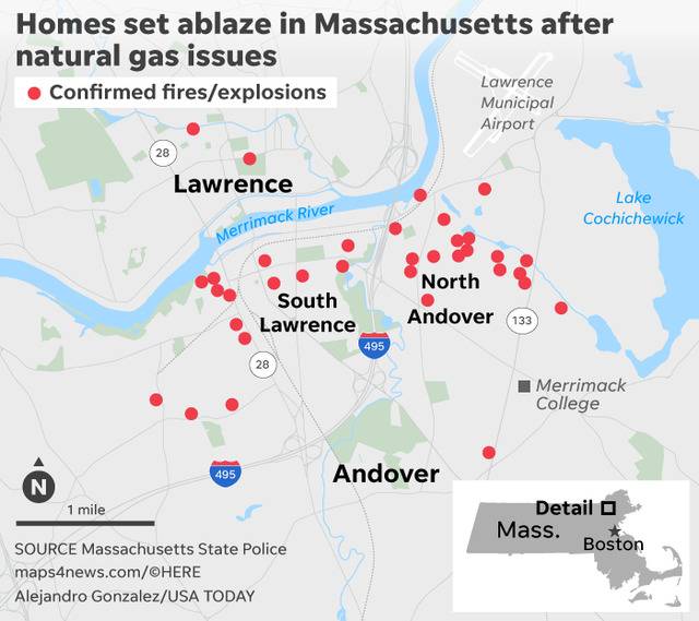 红点处为马萨诸塞州警方公布的爆炸/起火地点。图自美媒