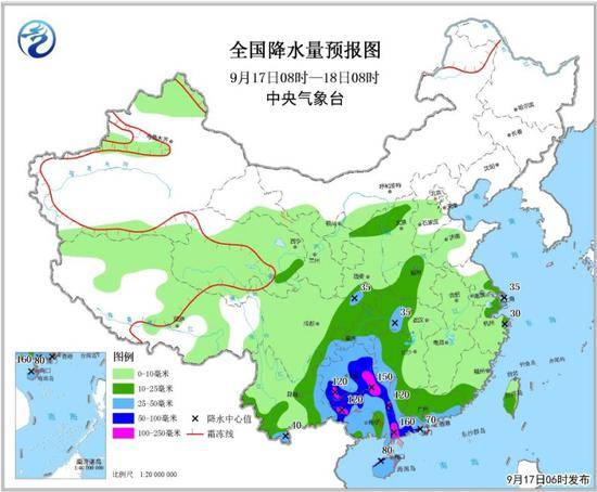 全国降水量预报图（9月17日08时-18日08时）