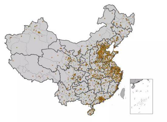 全国空气质量监测点分布全图，来自公众环境研究中心（IPE），《蓝天线路图4期报告》（2016）