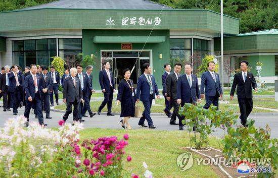 访朝韩国企业家参观苗圃的场景。（韩联社）