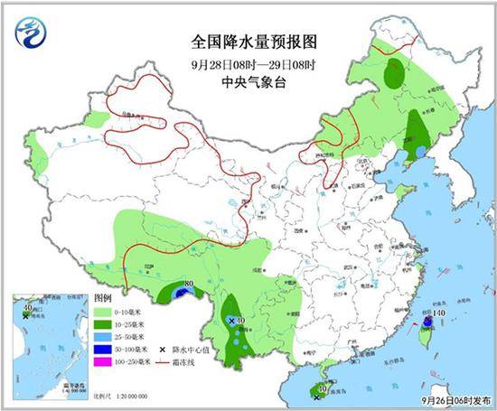 全国降水量预报图（9月28日08时-29日08时）。