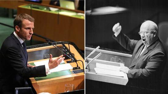 马克龙（左）与赫鲁晓夫（右）在联合国演讲的画面。（图源：今日俄罗斯）