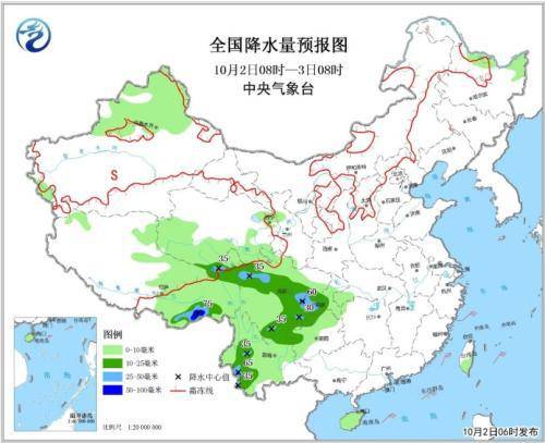 图1全国降水量预报图10月2日08时-3日08时