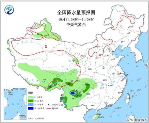 图1全国降水量预报图10月3日08时-4日08时