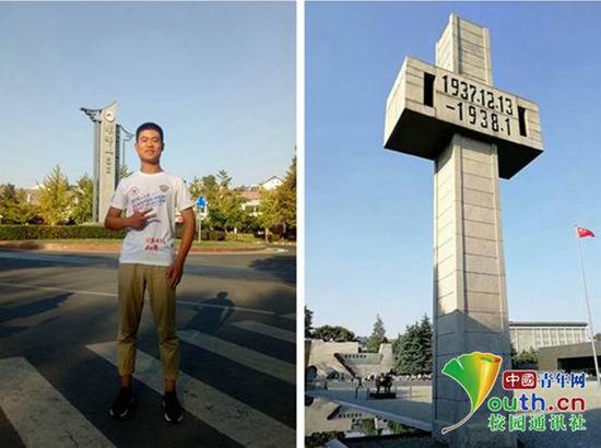 左图为司平云骑行路过滁州琅琊山时拍照留念。右图为抵达侵华日军南京大屠杀遇难同胞纪念馆。本人供图