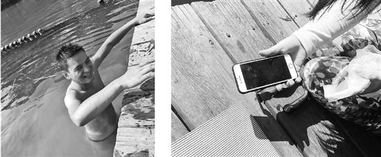 左图：刘广州为龚女士捞起手机。右图：失而复得的手机。