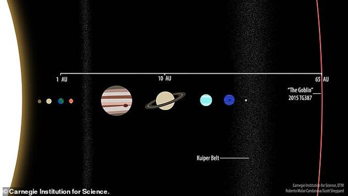 从这张插图中，我们可以看到新发现的2015TG387（昵称小妖精）和太阳系其它天体公转轨道的比较。ILLUSTRATIONBYCARNEGIEINST
