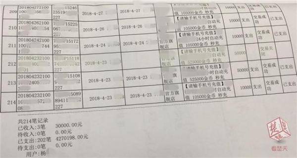 杨某打赏主播记录。楚天都市报图