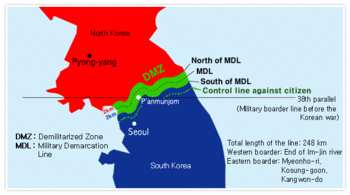 交战停火线（MDL）构成了朝韩如今的边界线，距离首尔的最近距离约46公里来源：板门店旅游中心