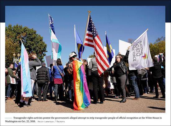 NBC报道截图：22日，跨性别者活动人士在白宫外抗议。
