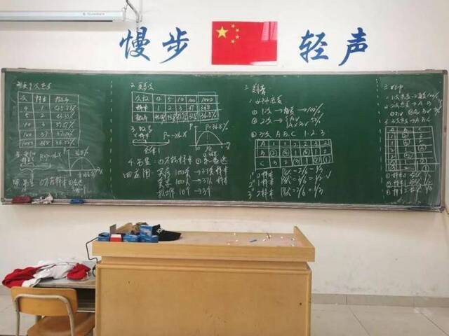 10月19日，学校一间空教室的黑板上留着李永乐前一天录制视频的板书。新京报记者王双兴摄