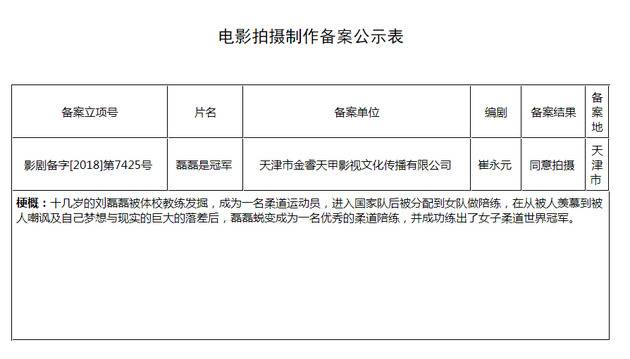 《磊磊是冠军》立项公示