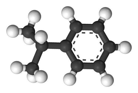 ▲异丙苯的球棍模型（WikimediaCommons）