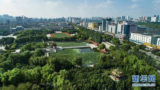 ▲绿树成荫的榆林市老城区莲花池中心广场（8月2日无人机拍摄）。