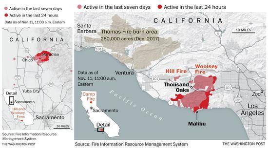 “营火”和“伍尔西火”周边已经疏散，前者25%火势已经被控制，后者则控制了15%（图片来源：华盛顿邮报）