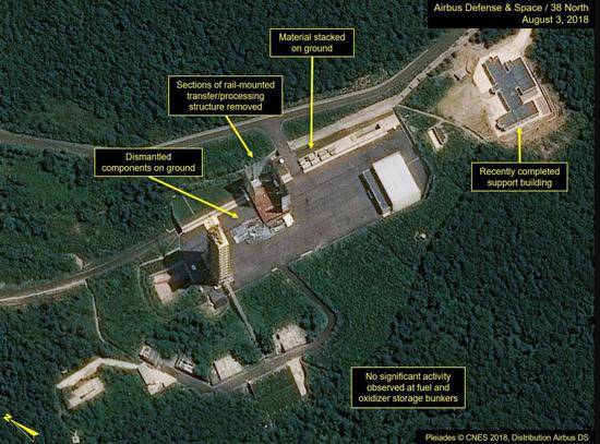 ▲资料图片：2018年8月3日拍摄的卫星照片，显示了朝鲜西海卫星发射场中正在被拆除的主要设施。（欧洲新闻图片社）