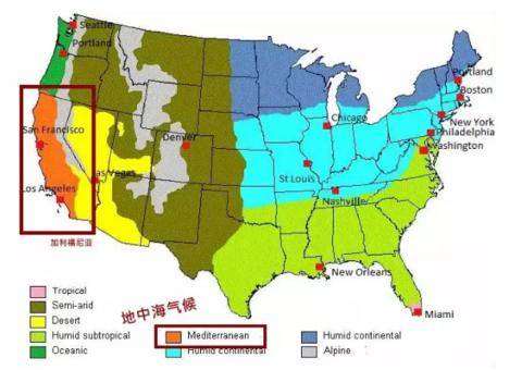 美国不同气候类型分布图（资料图）