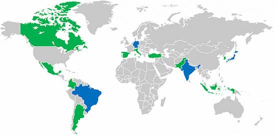 四国集团（蓝色）和咖啡俱乐部成员国（绿色）