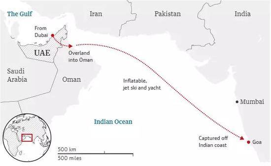 拉莉法的逃跑路线图：经陆路越境进入阿曼，随后乘坐充气艇和水上摩托车出海，在与若贝尔汇合后乘游艇驶向印度果阿，距海岸30英里处遭到拦截。图据《卫报》