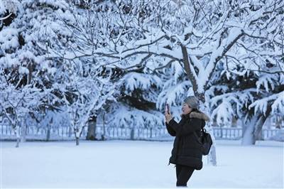 12月7日，市民在威海市文登区街头欣赏雪景。据中央气象台消息，12月6日，山东半岛出现2至6毫米降雪或雨夹雪。新华社发