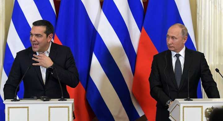 （希腊总理齐普拉斯与俄罗斯总统普京图片来源：俄罗斯卫星通讯社）