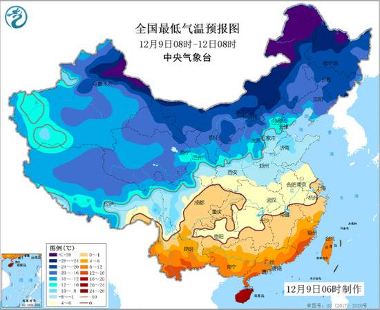 图1全国最低气温预报图（12月9日08时-12日08时）