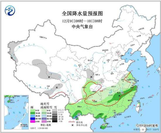 图2全国降水量预报图（12月9日08时-10日08时）