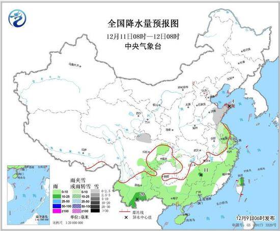 图4全国降水量预报图（12月11日08时-12日08时）