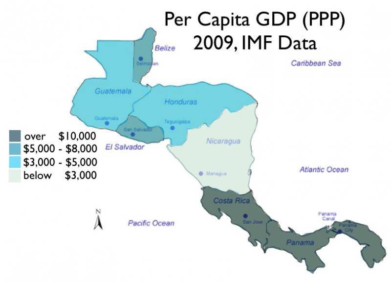 国际货币基金组织（IMF）2009年的数据，洪都拉斯与危地马拉同属人均GDP3000-5000美元行列，略好于尼加拉瓜