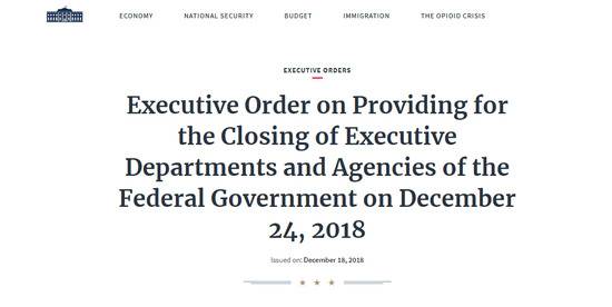 “美国联邦政府各行政部门和机构将于12月24日关闭”（白宫网站截图）
