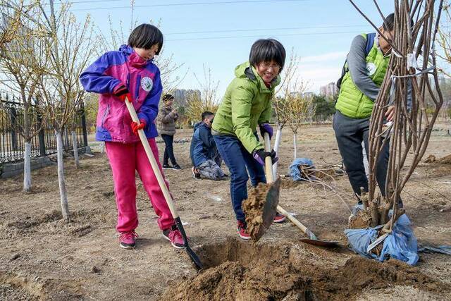 2018年春季，市民在望和公园植树。北京市园林绿化局何建勇摄