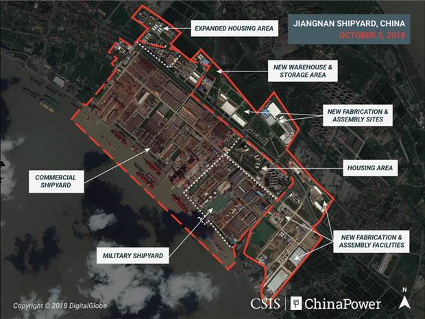 卫星2018年拍摄的江南造船厂，虚线部分为2011年规模本文图自CSIS网站