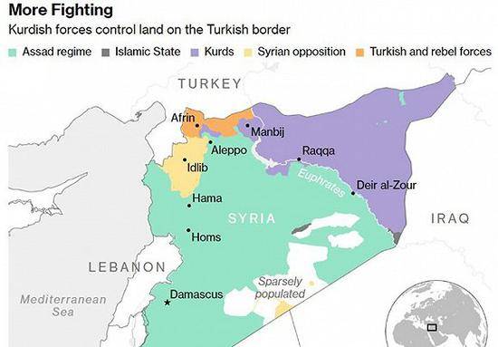 紫色为库尔德控制区，绿色为叙政府控制区，深黄色为亲土耳其武装控制区。图片来源：彭博社