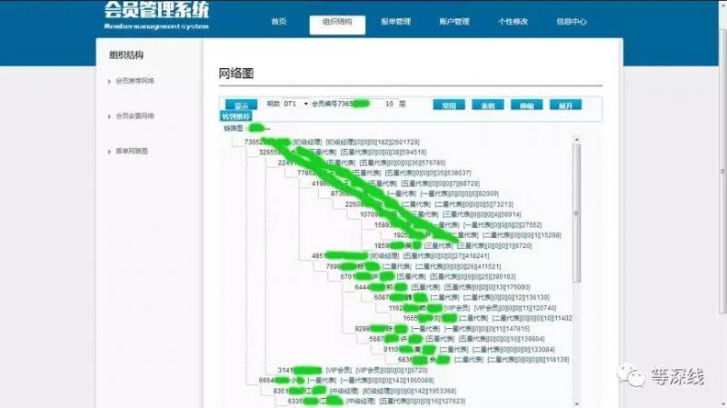 权来百货的OA会员管理系统中的10级会员组织结构图示局部截屏（应账号提供人要求遮盖姓名及具体账号信息，数据截止时间：2017年3月）图片制作：程维