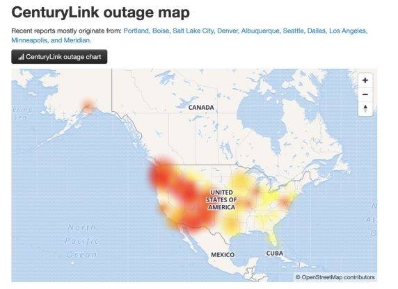 此次断网受到影响的地区（图片来源：CenturyLink官网）