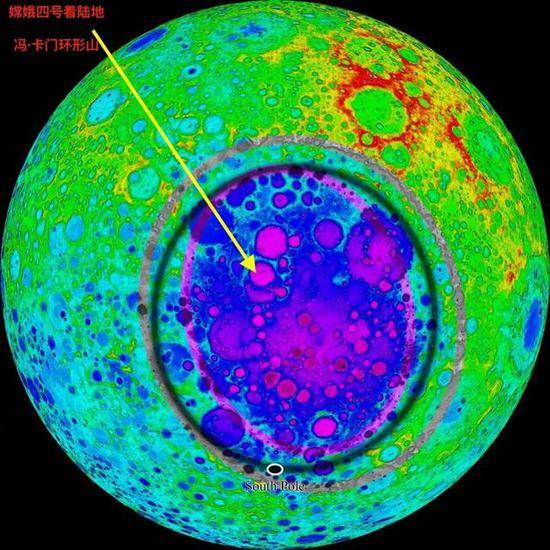 南极-艾特肯盆地的地形图复杂程度远超其他地方，图中标注处即冯·卡门环形山