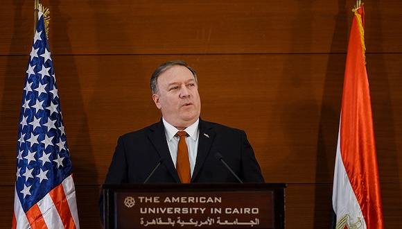 2019年1月10日，埃及开罗，美国国务卿蓬佩奥在开罗美国大学发表演讲。图片来源：视觉中国