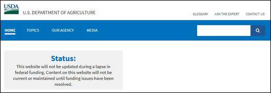 美国农业部官网，因政府部分关门已停止更新