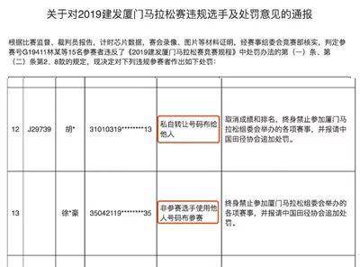 ▲关于对2019厦门马拉松赛违规选手及处罚意见的通报。2019年厦门马拉松官网截图