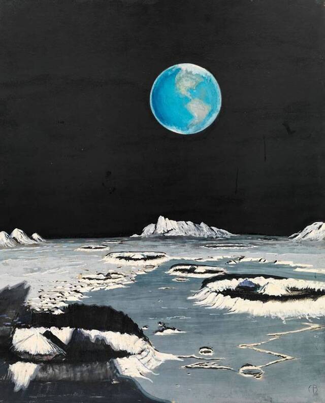 这幅绘于1939年、从月球看地球的画作，和几十年后由阿波罗号航天员所拍摄的实际照片比起来，相似度却高得惊人。月球陨石坑凸起的边缘「理论上来说相当正确，」一位美
