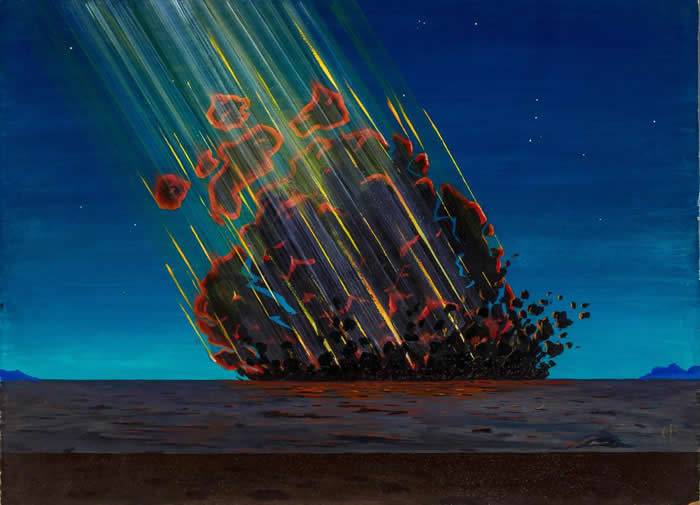 这幅画描绘的是艺术家想象中小行星或彗星撞进亚利桑那州、砸出著名陨石坑的景象。猎户座高悬在右上角。PAINTINGBYCHARLESBITTINGER