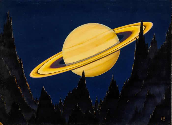 这幅画描绘的是从80万公里远处的小行星上远眺土星和经典土星环的景象。毕廷哲的画作「展现出1900年代早期仅有少数艺术家才具备的想象力的跨越，创造出从另一个世界