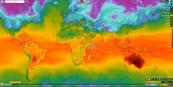 全球温度分布，深红色部分为澳大利亚。图片来源：CNN