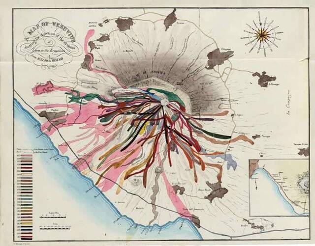 这张地图记录了维苏威火山（MountVesuvius）从公元1631年到1831年间28次喷发所流出的熔岩流，每次喷发的熔岩流都以不同颜色标示。地图上记录的