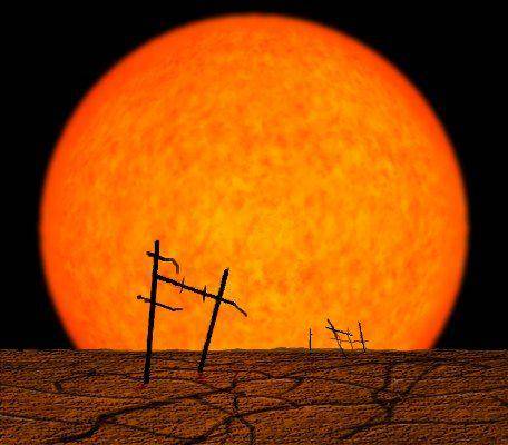 艺术家想象的从地球上看到的红巨星状态的太阳。图片来源https：//www.cs.mcgill.ca/~rwest/wikispeedia/wpcd/wp/r/Red_giant.htm