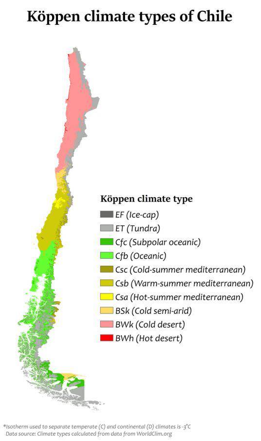 智利共有10种主要类型气候（图片来源：维基百科）
