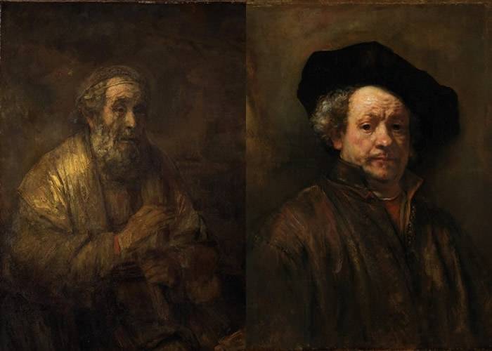 《荷马》（左图）由伦勃朗（右图）绘出。